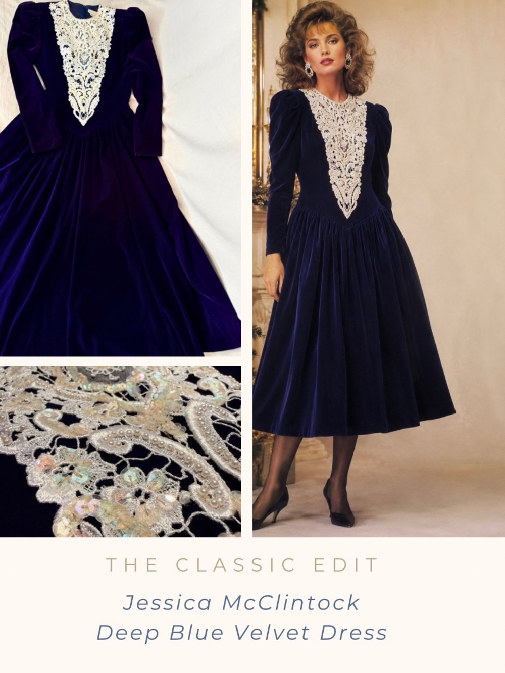 Vintage 1990 Jessica McClintock Blue Velvet Dress | Lace Bib | Tea Length